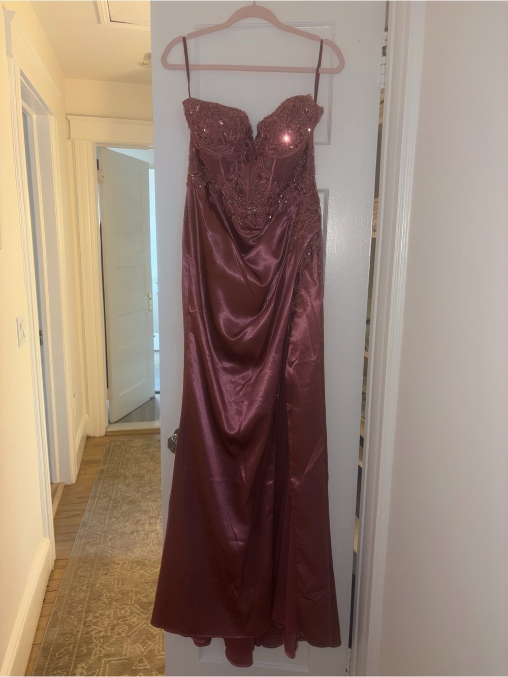 Rose Gold Satin Corset Sequin High Slit Formal Gown
